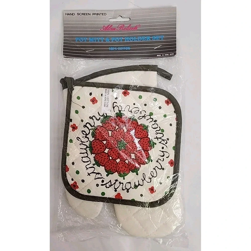 Vtg 70's Oven Mitt Pot Mitt & Pot Holder Cotton Made In Hong Kong Strawberry‎